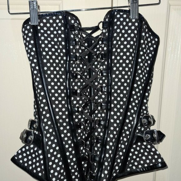Burlesk Black Polka Dot Corset Buckle Steel Goth Rockabilly Lace Overbust Size M - Picture 2 of 6